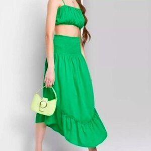 Green emerald asymmetrical ruffled detailed skirt